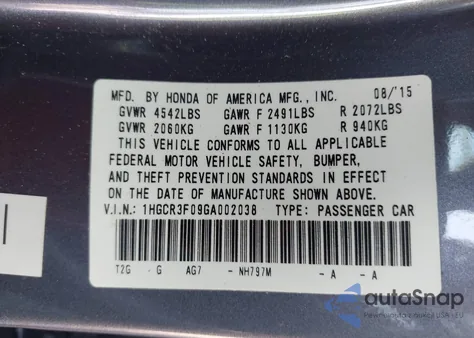 2016 Honda Accord Ex-L V-6 z USA, uszkodzony, nr VIN 1HGCR3F09GA002038